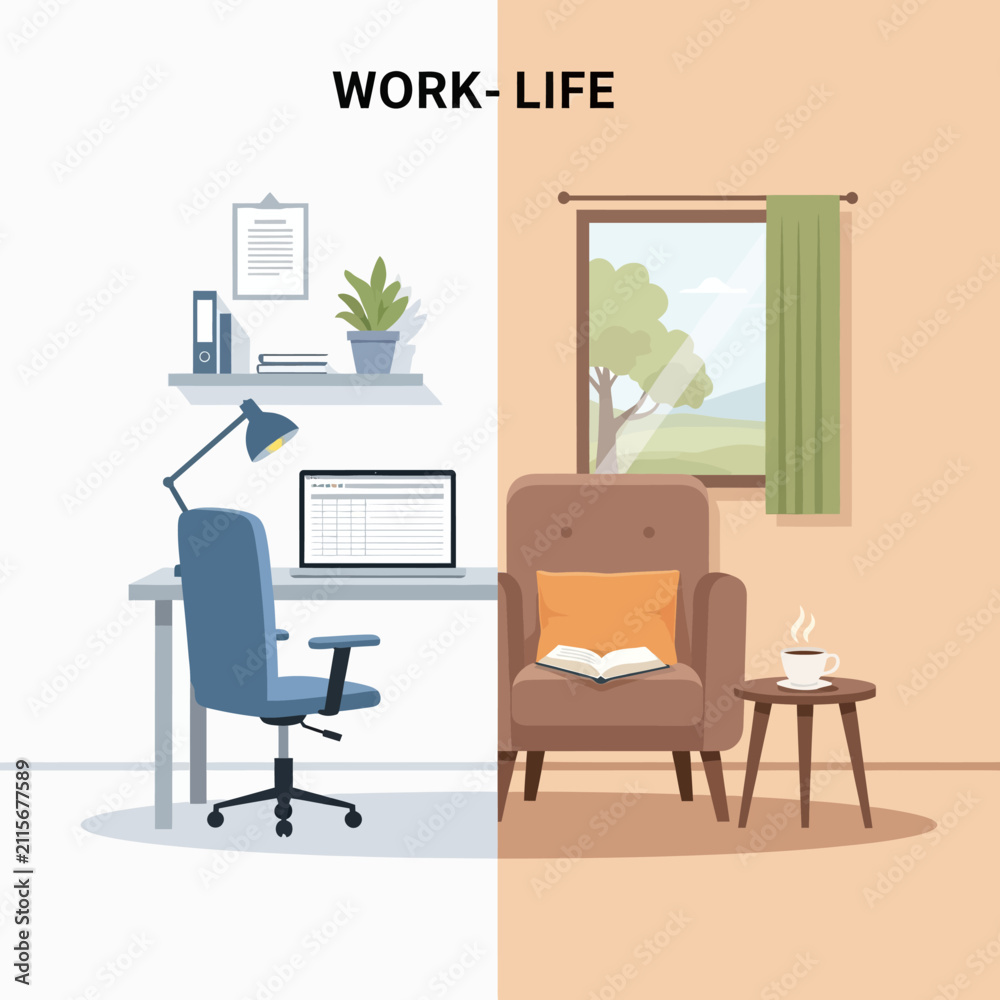 Fototapeta premium Minimalist Flat Illustration of Office Desk and Swivel Chair on White Background