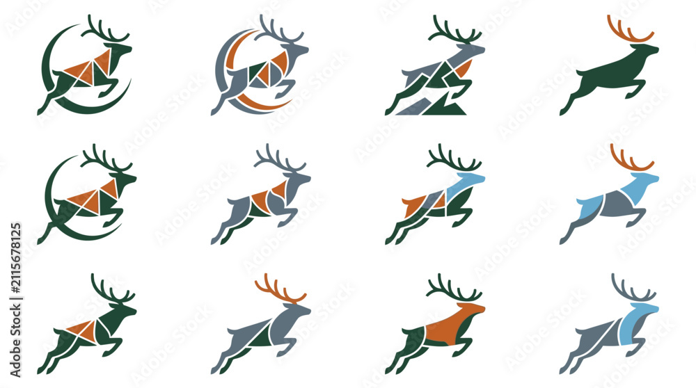 Fototapeta premium Geometric deer and stag logo marks in dynamic poses.