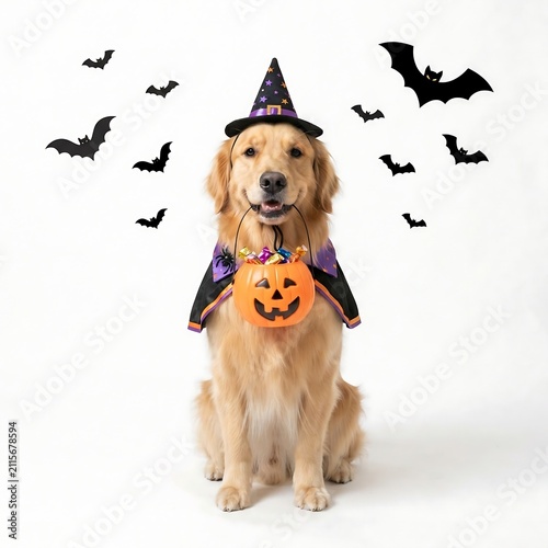 Cute golden retriever wearing a witch costume holding a Halloween pumpkin bucket