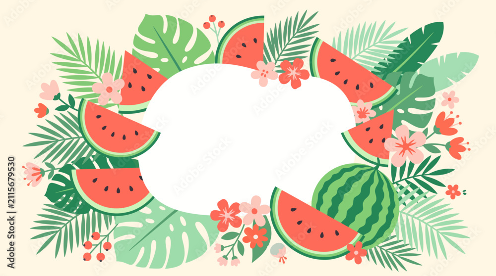 Obraz premium Refreshing summer watermelon border with tropical flowers and leaves