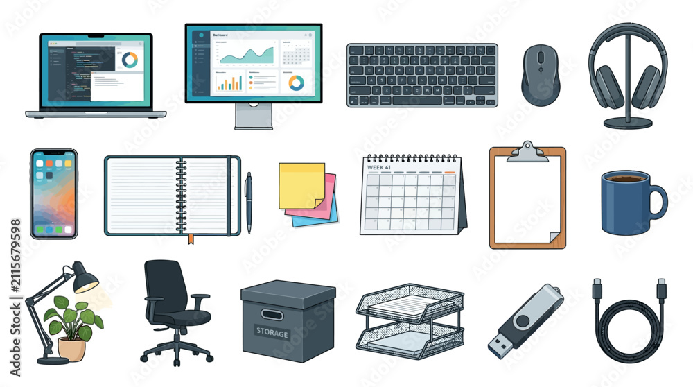Fototapeta premium Modern flat illustration of office workspace equipment and accessories arranged in a professional setting.