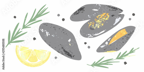 Konstfotografi Mussels And Lemon Watercolor Illustration With Rosemary Sprigs
