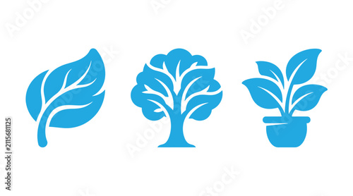 Graphic set of blue leaf tree potted plant icons for environmental and nature concepts botanical environment illustration houseplant conservation collection blooming