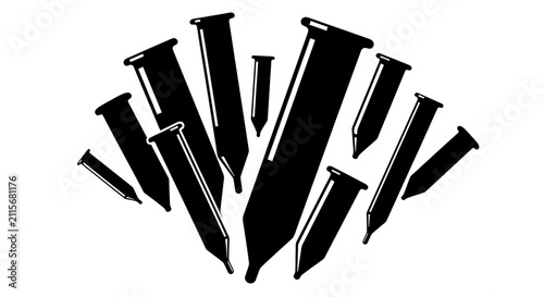 Collection of black nails on white background with nails arranged group black construction fasteners hardware building industry repair with metal
