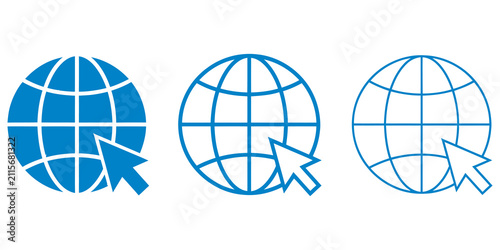 Blue globe with cursor arrow sequence internet browser icon set isolated on transparent background