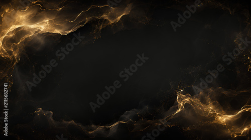 Luxury Black and Gold Abstract Background, Golden Smoke Frame, Elegant Dark Banner
