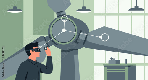 Worker using virtual reality goggles to inspect mechanical equipment