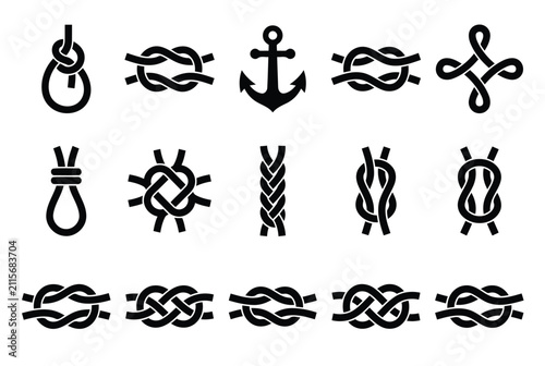 Set of nautical rope knots and maritime symbols