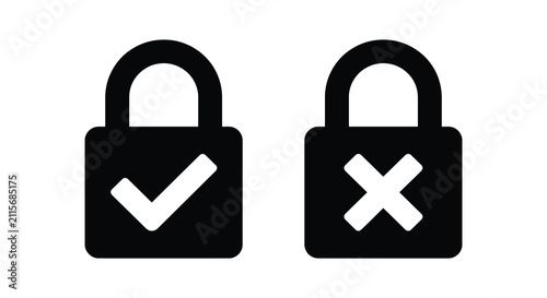Black and white vector icons of padlocks with check mark and cross symbol for security and access concepts