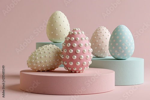Elegant Easter eggs decorated with pearls on pastel podiums against pink background