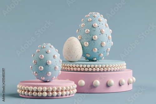 Decorative speckled Easter eggs adorned with pearls on pastel display podiums