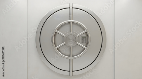 Heavy circular metallic bank vault door with digital keypad for high security wealth protection