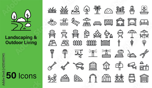 Landscaping and outdoor living icon set featuring garden tools, patio furniture, and plants for residential property design, landscape architecture planning