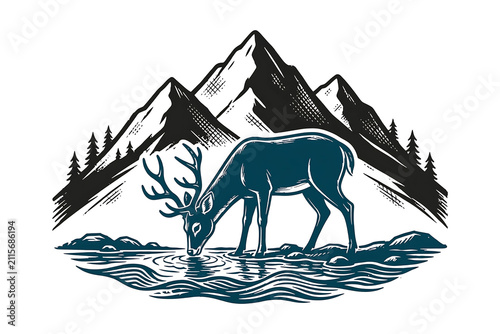 Vintage Style Illustration of a Majestic Deer Drinking Water from a Stream with High Mountains and Pine Trees in the Background