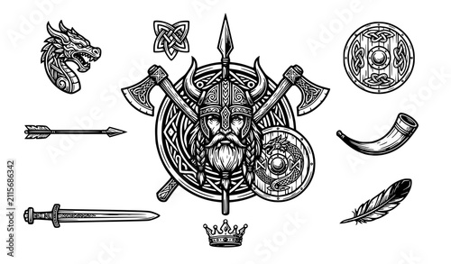 Title:
Viking Warrior Logo Set with Crossed Axes Shield Spear Dragon and Nordic Tattoo
