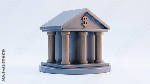 3D render of a metallic bank building with dollar sign icon representing financial institutions.