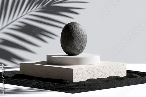 Minimalist product display podium with dark stone on stone pedestals and palm leaf shadow