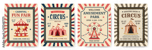 Set of vintage posters for circus, amusement park, fun fair. Vector illustration.