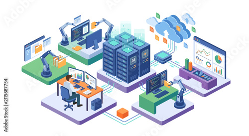 Isometric Cloud Computing Network with Office Workers, Servers and Data Analytics Dashboard Vector Illustration