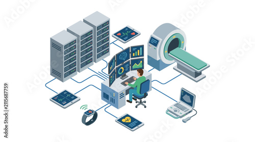 Isometric Healthcare Technology Network with MRI Scanner, Data Servers and Digital Health Monitoring Vector Illustration