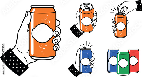 Bild auf Leinwand Human Hand Holding Beverage Can Vector Set with Opening Aluminum Soda Cans, Blan