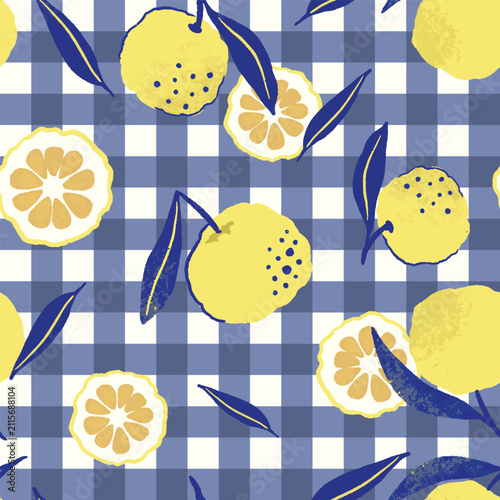 Yuzu on gingham seamless vector pattern