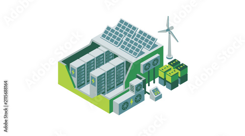 Isometric Green Data Center with Solar Panels, Wind Turbine and Battery Storage Vector Illustration
