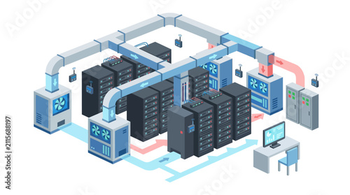 Isometric Data Center Cooling System with Server Racks, HVAC Ductwork and Monitoring Workstation