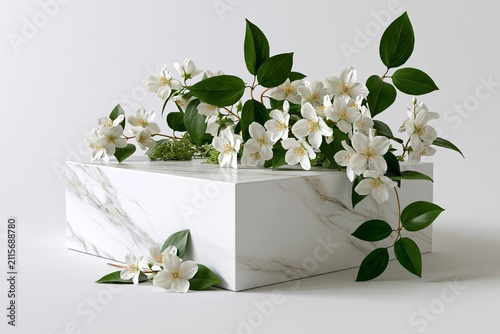 White marble block pedestal surrounded by blooming jasmine flowers and green leaves