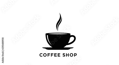 Foto Simple coffee shop logo with steaming cup with minimalist black logo cup saucer