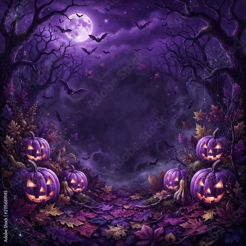 Enchanting Halloween Scene with Carved Pumpkins and Full Moon