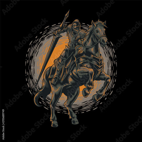Konstfotografi Medieval armored knight riding a horse holding a large sword vector illustration