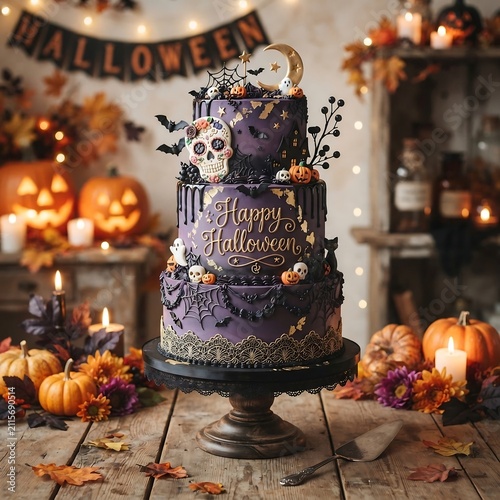 Spooky Three-Tier Purple Halloween Cake with Skull and Bat Decorations on Rustic Table