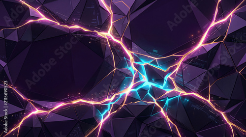 Abstract low poly background with glowing neon cracks of pink and blue light shining through dark crystalline geometric shapes creating a powerful energy and electric lightning effect.