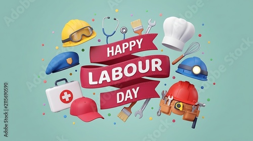 Happy labour day greeting card design featuring various professional hats and equipment icons on a light blue background for international workers celebration