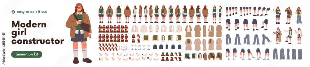 Obraz premium Modern young woman, animation kit. Girl with body parts in poses, face and leg movements constructor set. Female character in trendy style outfit. Flat vector illustration isolated on white background