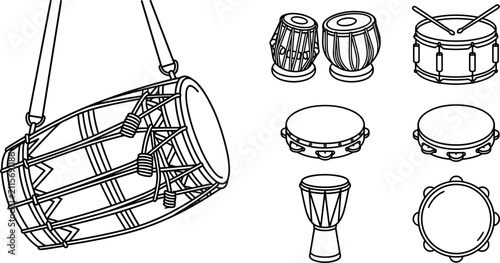 Canvastavla Traditional Drums Icon Set Featuring Dhol, Tabla, Djembe, Tambourine, and Snare