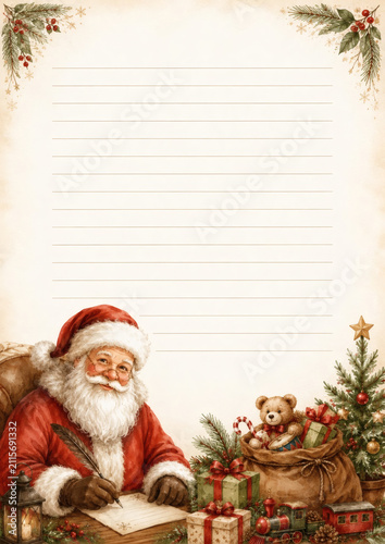 Festive Christmas letter template with Santa Claus writing, decorated with gifts, teddy bear, Christmas tree and holly branches. Perfect for holiday greetings, wish lists, or invitations.