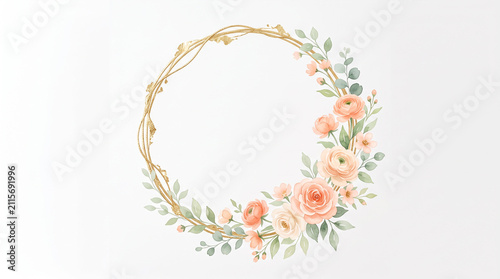 Delicate watercolor peach floral wreath with a gold circular frame on white.