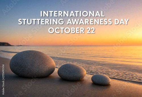 Beautiful sunset over a beach with smooth stones for international stuttering awareness day celebration