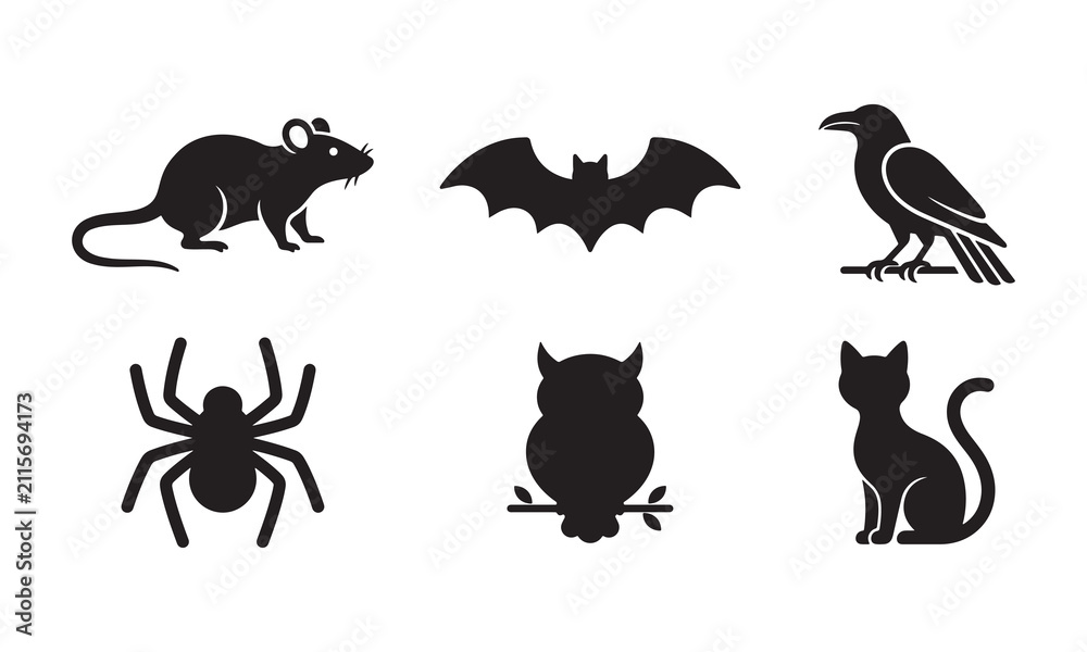 Obraz premium Gothic Halloween animals vector icon set: silhouette bat, owl, cat, rat, spider.
