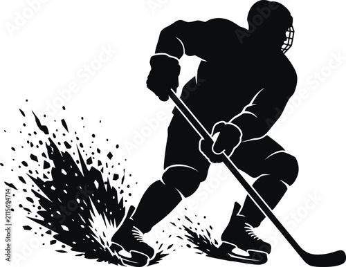 Ice hockey player silhouette in action, dynamic movement with puck on frozen ice rink.