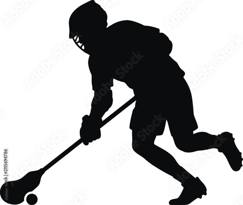 Silhouette of lacrosse player with stick and ball in motion during game with helmet on transparent background.
