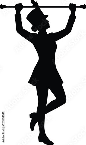 Silhouette of majorette in hat and uniform twirling baton with feather detail in performance pose on transparent background.