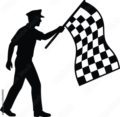 Silhouette of race official waving checkered flag.