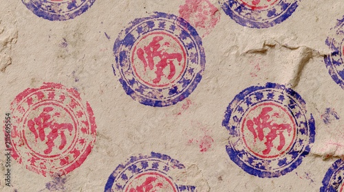 Circular stamps with oriental characters are imprinted on textured paper.