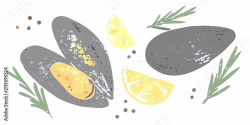 Canvas Print Mussels And Lemon Watercolor Illustration With Rosemary Sprigs