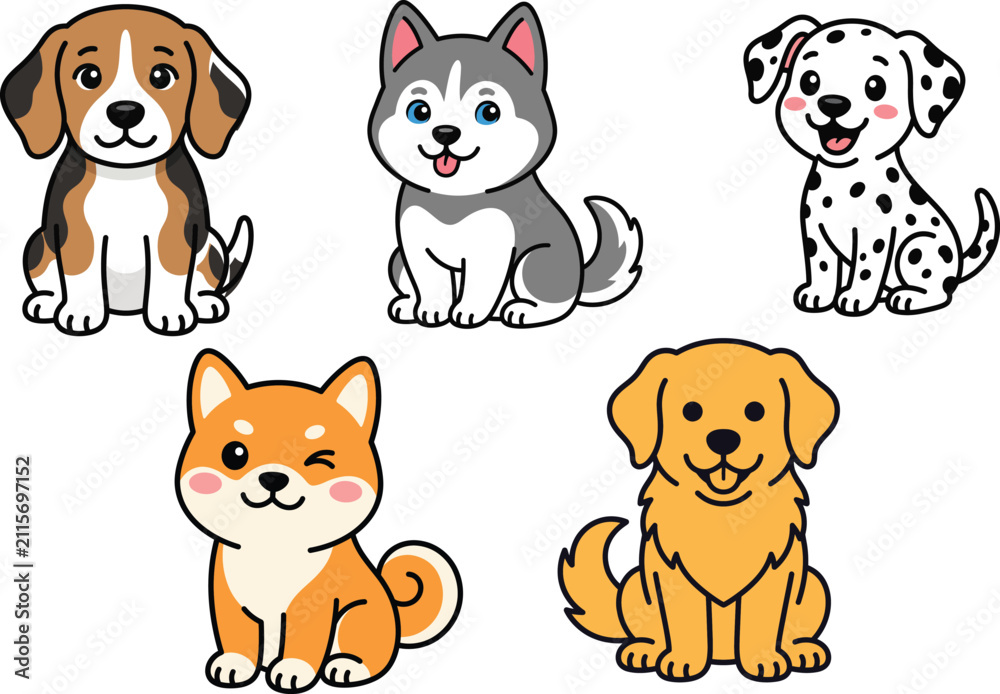 Fototapeta premium Cute Dog Breeds Cartoon Icon Set – Beagle, Husky, Dalmatian, Shiba Inu and Golden Retriever Puppy Mascot Collection.jpg couldn't be uploaded because its resolution is too large. Learn more about submi