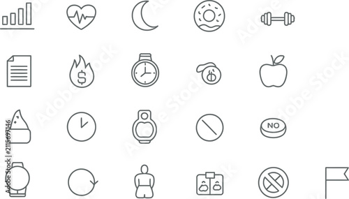 Bild auf Leinwand Weight loss and diet control thin line icons set for personal fitness and healthy habits data