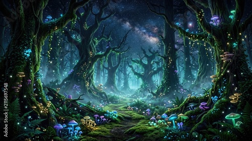 A magical forest scene at night. Ancient, gnarled trees with glowing blue mushrooms surround a winding path.